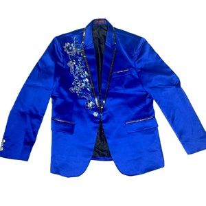 Blue Fashion Blazer with Floral Embellishments